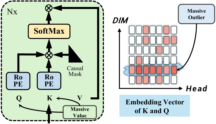 Figure 1: Concentrated massive values in Q and K of RoPE-based LLMs