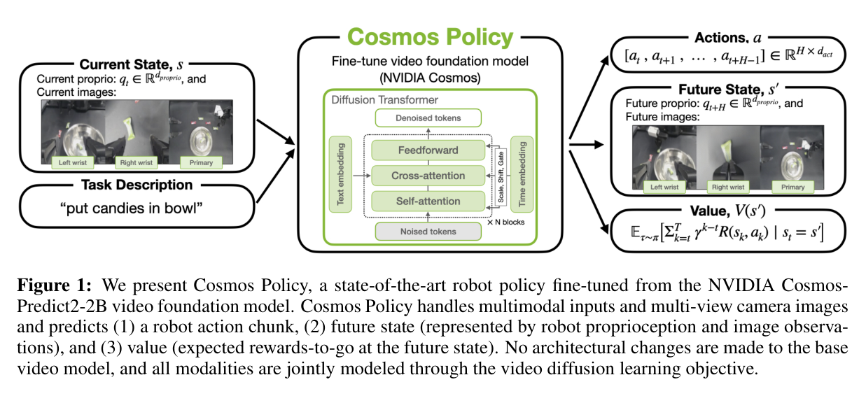 Figure 1: Cosmos Policy overview — multimodal + multi-view inputs to action/state/value outputs